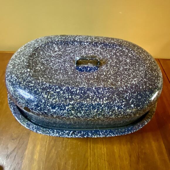 Vintage Blue Speckled Enamel Oval Roaster XL Pan Lid Rack Farmhouse Country - Picture 3 of 6
